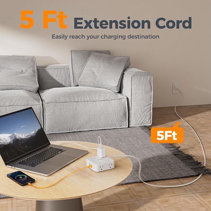 TESSAN Surge Protector Power Strip, 5 Ft Flat Plug Extension Cord with 3 USB (1 USB C) 8 Outlets, 900J Protection, 3 Sided Outlet Extender with Power Switch for Office, Dorm Room, White