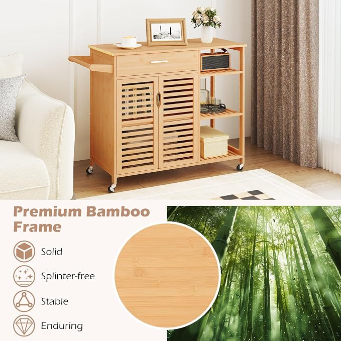 Bamboo Kitchen Island Cart, Rolling Butcher Block with Large Drawer, 2-Door Cabinet, 3-Tier Open Shelves, Towel Rack, Kitchen Carts on Wheels with Storage for Dining Room