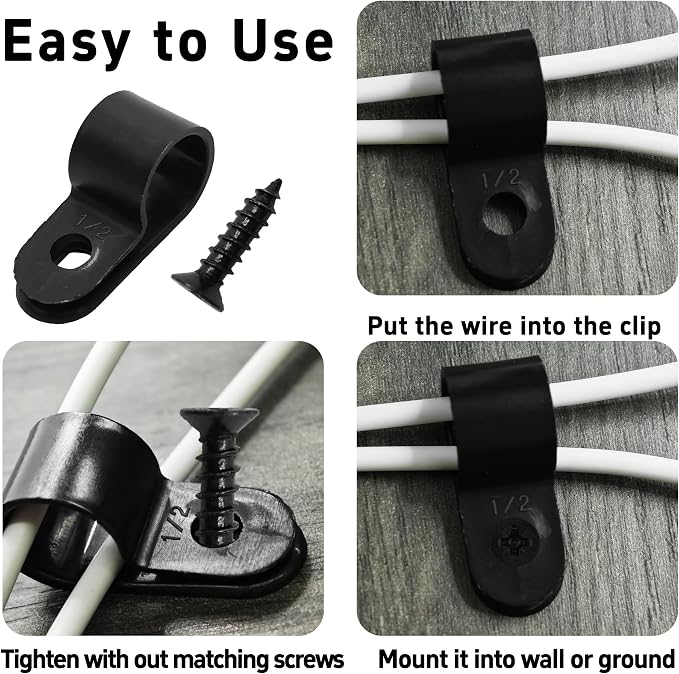 100Pcs R-Type Cable Clips 1/2" Black Nylon Plastic Wire Clamps with Mounting Screws, Cord Fastener Cable Management Organizer for Home Office Electrical Installation
