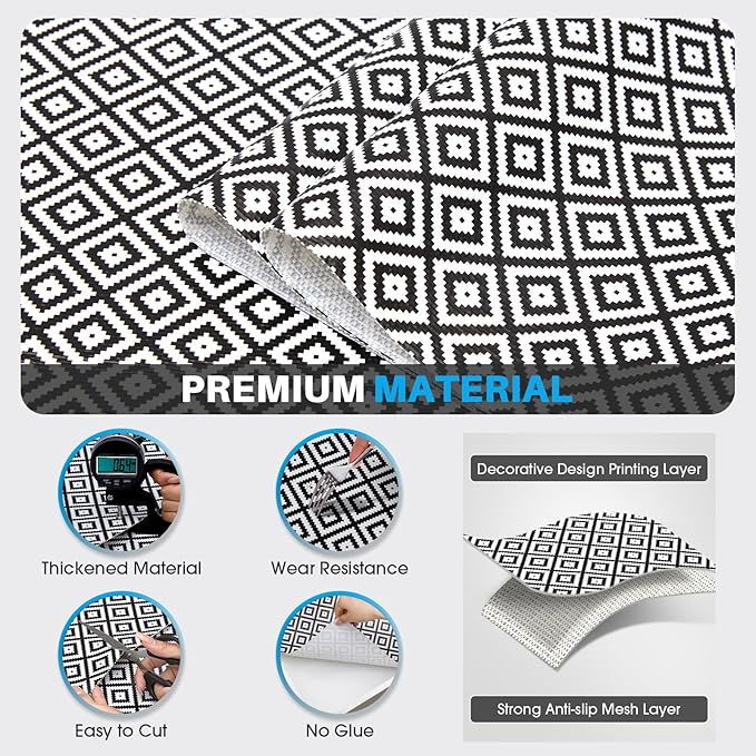 Coavas Shelf and Drawer Liner, Non Slip Extra Grip Non Adhesive Waterproof Thickened Cabinet Mat, Easy Cut for Kitchen Pantry Bathroom Dresser Cupboard (Black Rhombic, 12IN x 10FT)