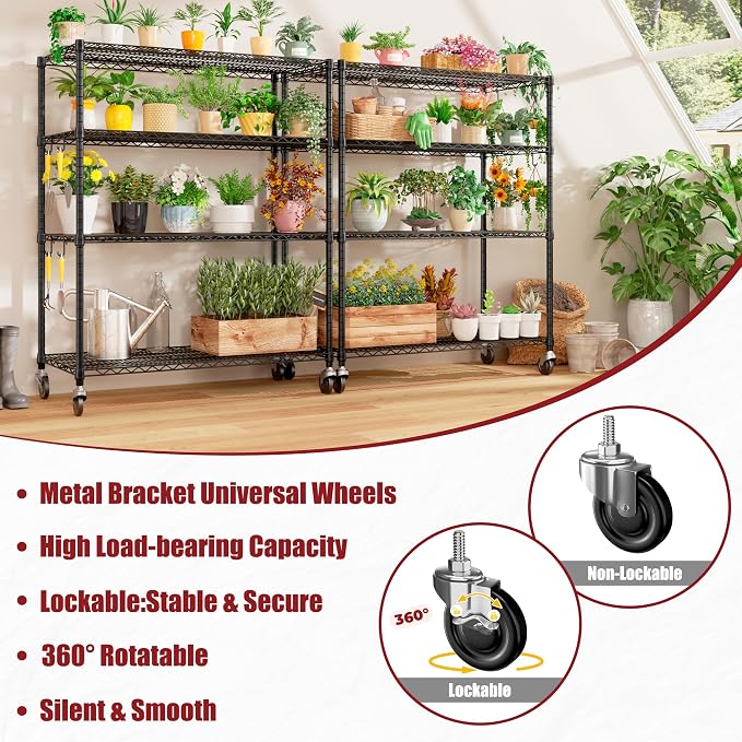 PrimeZone 3 Packs 55.5" W x 24" D x 80" H Heavy Duty Wire Storage Shelves with Wheels, 4 Tier Adjustable NSF Commercial Garage Shelving Unit, Rolling Metal Organizer Shelf Rack for Warehouse, Pantry