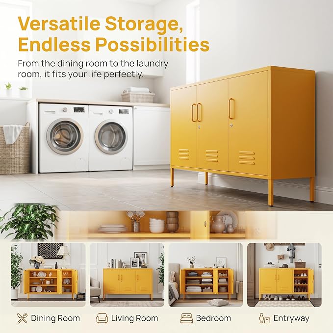 Yellow Wide Metal Storage Cabinet, 32" H Heavy Duty Steel Locker with Lock, 2 Adjustable Shelves & Ventilated Doors for Home Office Kitchen Living Room