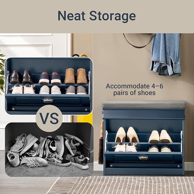 Haotian Small Shoe Storage Bench for Entryway | Narrow Shoe Bench with 1 Flip-Drawer and Seat Cushion, Mini Shoe Rack Hallway Entrance Mudroom, Navy Blue