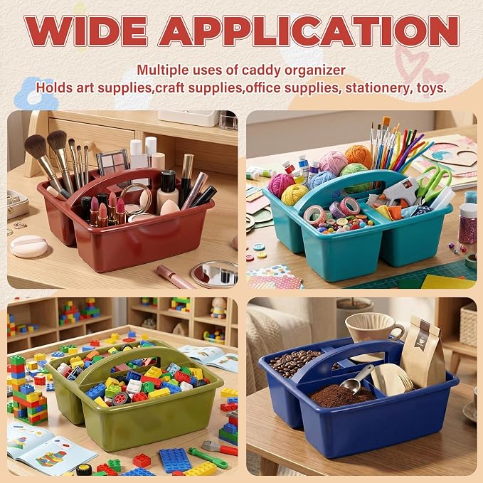Kathfly 12 Pack Classroom Caddy Organizer with Handle, Plastic Art Craft Cleaning Caddy Bulk, Small Multipurpose Supply Organization Storage Basket for Table Desk Office Pencil Teacher (Deep Color)