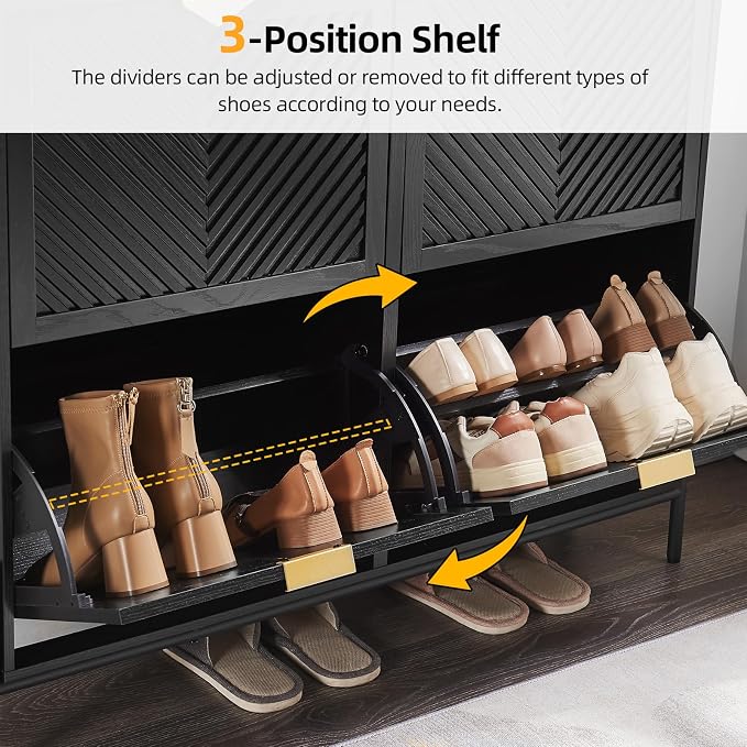 Shoe Cabinet with 4 Flip Drawers, Narrow Entryway Rack, Black | Slanted Wood Grain, Freestanding, Adjustable Compartments, Removable Middle Shelf, Metal Handles, for Hallway Foyer Entrance