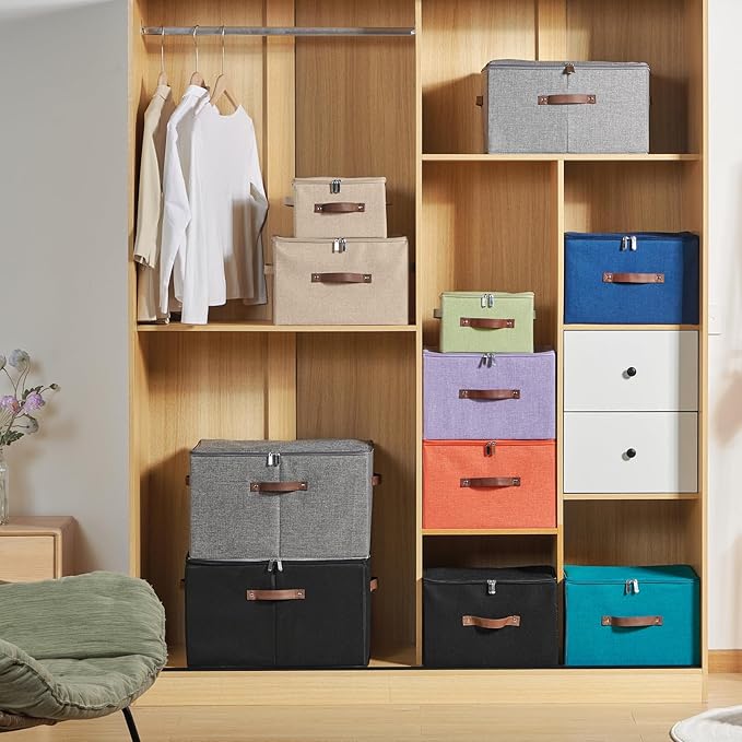 2 Pack Storage Bins with Zipper Lid Cotton Linen Fabric Lidded Storage Baskets Boxes Foldable Washable Closet Shelf Clothes Organizer Container with PU Leather Handles (Purple, Small)
