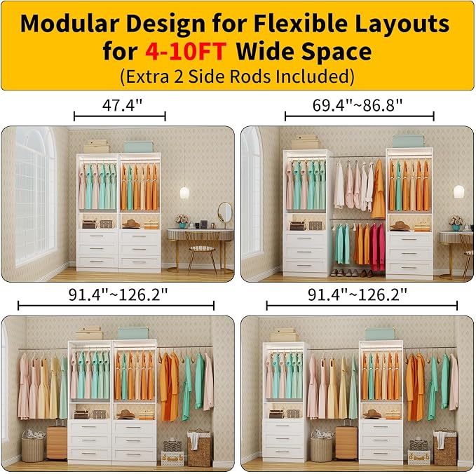 Closet System of 2 Sets with 6 Drawers, 4FT-10FT Modular Closet Organizer Systems Shelving, Wood Closet Systems for Walk in Closets with 4 Hanging Rods & 2 Shelves, Custom Closet System Kits, White