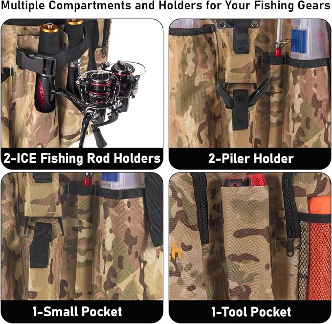 Dr.Fish 5 Gallon Bucket Tool Organizer - Adjustable Gear Bag with 6 Pockets and 2 Rod Holders for Ice Fishing Tackle Storage