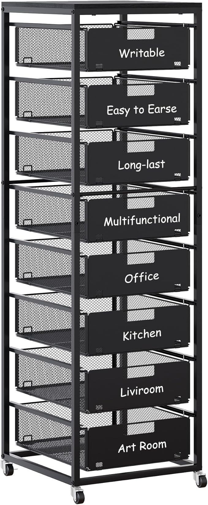 EasyPAG Rolling Storage Cart With 8 Drawers, Metal Craft Organizers And Storage Cart With Wood Tabletop, 30 Lbs Capacity Per Drawer For Home Office Classroom And Dorm, Black