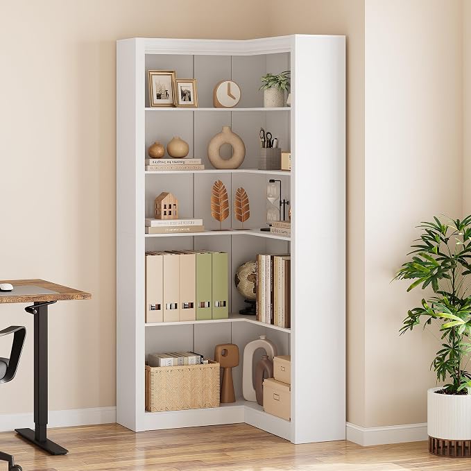 GarveeHome Corner Bookshelf, 71.8 in White Corner Bookcase, L-Shaped Bookshelf Large Bookcase, 5 Tier Display Shelf Heavy Duty Bookcases, Bookshelves with Storage