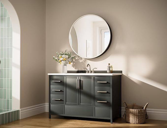 Keonjinn 28 x 28 in Round Medicine Cabinets for Bathroom, Brushed Nickel Surface Mount Medicine Cabinet, Circle Medicine Cabinet with Mirror, Adjustable Shelves Framed Bathroom Mirror with Storage