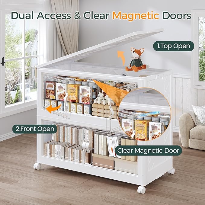 135Gal Stackable Storage Bins with Lid, 540Qt Extra Large Collapsible Storage Box with Doors and Wheels, Plastic Closet Organizer and Storage Cabinet Drawer for Home Kitchen, 3Pack White