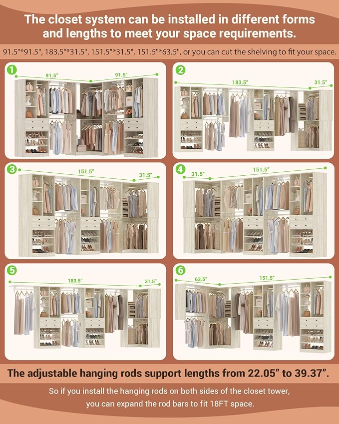 Large Closet System (Set of 3) with 4 Drawers, 8 Hanging Robs, 91.5"/151" Closet Organizer System with Corner Tower, Reversible Walk-in Closet System Corner Closet System, Greige Oak