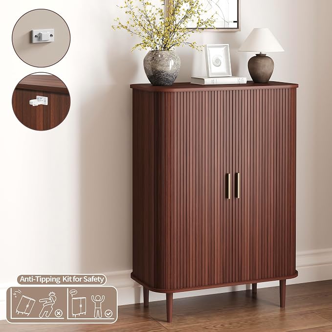 DHH Shoe Storage Cabinet with Sliding Door, 6-Tier Shoe Cabinet with Adjustable Shelves, Modern Freestanding Shoe Storage Organizer for Entryway, Hallway, Living Room (Walnut, 31.5 ")