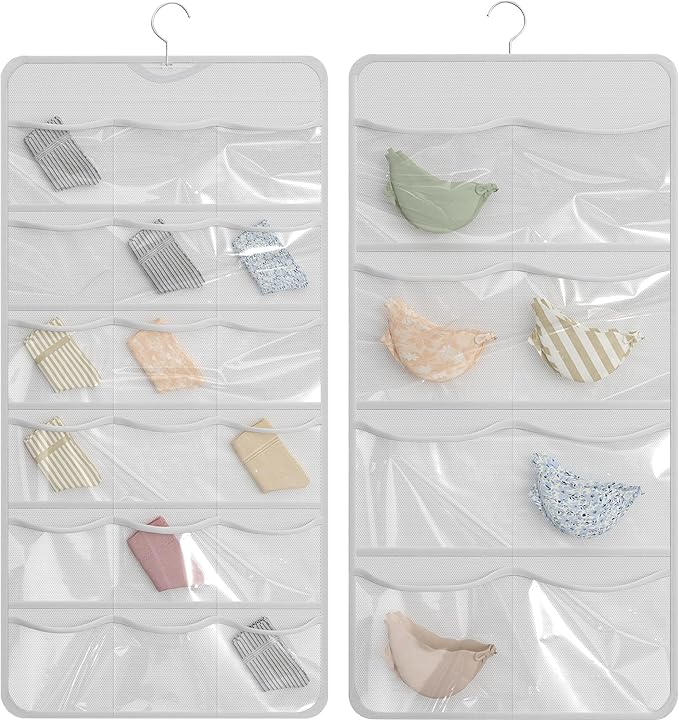 26-Pocket Hanging Organizer for Socks, Underwear, Bras, and Leggings, Dual-Sided Closet Storage for Lingerie and Kids’ Clothing, White