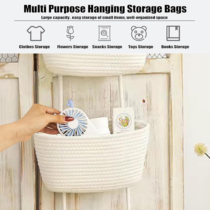 AARAINBOW Wall Hanging Cotton Baskets, Large 3 Tier Decorative Basket for Wall, Nursery, Bathroom, Boho Organizing (B-White)
