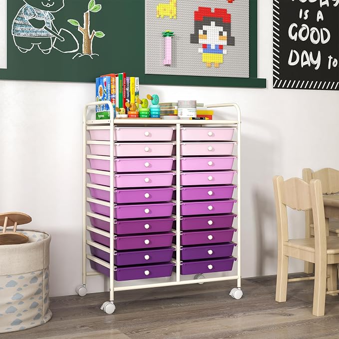 LDAILY 20-Drawer Rolling Storage Cart, Rolling Storage Cart, Storage Organizer on Wheels, Metal Frame, Scrapbook Paper Tools, Suitable for Office School, Classroom (Gradient Purple, 20 Drawer)