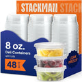 Stack Man 8 oz Deli Containers with Lids (48 Sets) – Clear Plastic Food Storage Containers, Airtight Leak-Resistant Seal, BPA-Free, Microwave & Freezer Safe, Sauce Snack Portion Takeout To-Go