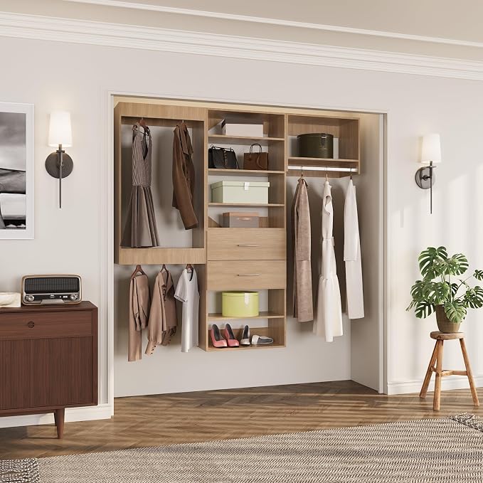 ROOMTEC Modular Closet System, 66" Wall Mounted Modern Closet Organizer with Hanging Rods and Drawers, Wooden Tower for Walk-In Closets, Wardrobe Storage Kit, Wood