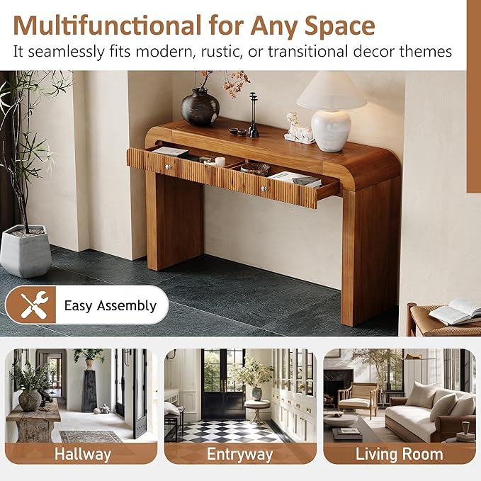 Modern Curved Entryway Console Table 54.3-Inch Farmhouse Rustic Sofa Entry Table Fluted Accent Tables with Storage Drawers for Living Room Hallway Furniture, Brown