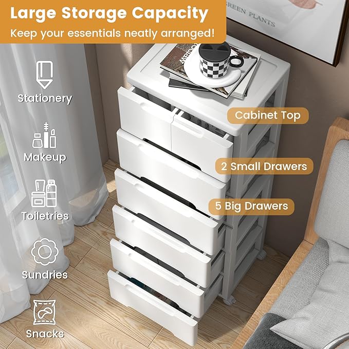 LOKO 7-Drawer Plastic Rolling Storage Cart (16"x13"x45") | Mobile Storage Cabinet | Vertical Storage Tower Container Unit | 4 Universal Wheels | For Living Room, Home Office