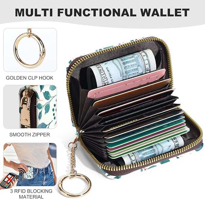 Credit Card Holder for Women,Small Rfid Wallet with Keychain Zipper,Cute PU Leather Card Case Wallet，Accordion Credit Card Wallets Gift,Green leaves
