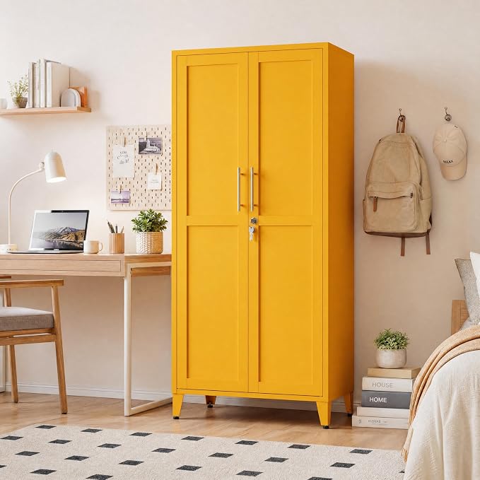 61" Yellow Metal Storage Cabinet and Lock, 2-Door Metal Locker Cabinet with Adjustable Shelves, 4-Tier Steel Storage Locker for Bedroom Living Room Kitchen Home Office Size：61"H X 27.6"W X 13.8"D