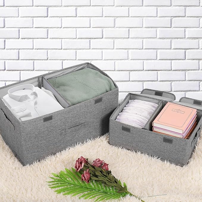 2 Pack Storage Boxes with Lids and Handles, Collapsible Linen Storage Bins Organizer Containers Baskets Cube with Removable Divider for Home Bedroom Closet Office (Pink, Large)