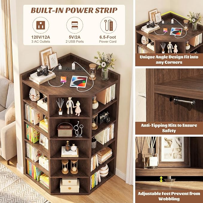 Aheaplus Corner Cabinet, 6-Tier Corner Bookshelf with Power Outlets, Corner Cube Storage Shelf with Top Table, Wooden L Shaped Cubby Storage for Home Office, Bedroom, Living Room, Black Walnut