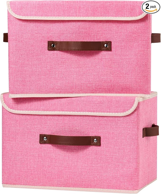 2PCS Storage Boxes with Lid Cotton Linen Fabric Storage Bins Organizer Container Decorative Collapsible Washable Shelf Closet Baskets Faux Leather Handles Home Bedroom (Pink, Large)