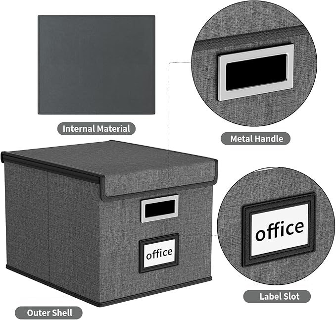 Huolewa File Organizer Box with Lid, Collapsible File Folder Organizer for Office Document Storage, Filing Box with Plastic Slide for Letter Size Hanging File Folders(1 Pack, Dark Grey)