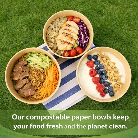 TOPtoper Paper Bowls 43Oz 50Pcs with Lids and Forks | Heavy Duty, Kraft Paper, Soak-Proof, For Hot/Cold Food, Disposable Meal Prep Containers