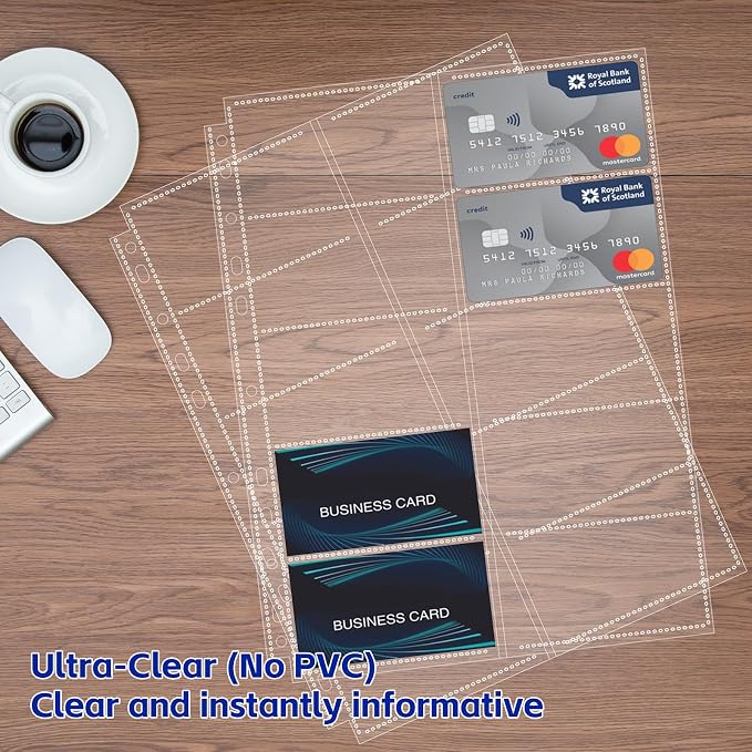 BYSTER 30 Pack 600 Pockets Business Card Sleeves Binder Sheets, Ultra-Clear Business Card Pages for 2/3/4 Ring Binder, Double Sided 10 Pocket Credit Card Pages