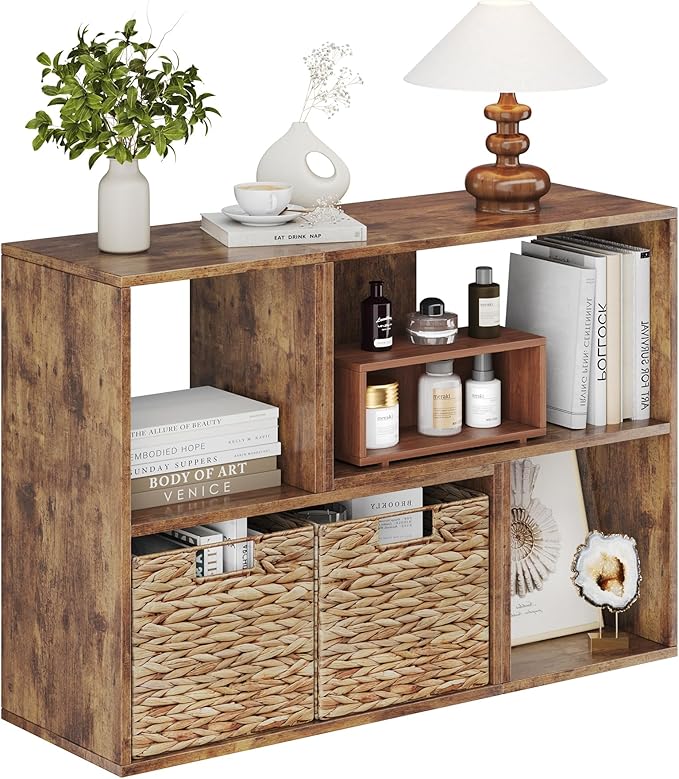 MapleGrace 6 Cube Storage Organizer, Wooden Storage Shelves Bookcase with Back Panels, Stackable Display Bookshelf Includes 2 Wicker Baskets for Living Room, Bedroom, Study, Hallway, Rustic Brown