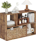 MapleGrace 6 Cube Storage Organizer, Wooden Storage Shelves Bookcase with Back Panels, Stackable Display Bookshelf Includes 2 Wicker Baskets for Living Room, Bedroom, Study, Hallway, Rustic Brown