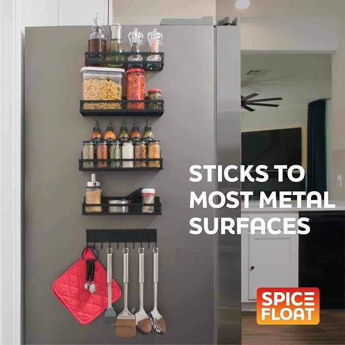 Houseify Spice Float Magnetic Spice Racks, Set of 4, Black | Epoxy-coated 4.5mm steel, neodymium magnets, 10-hook bar, holds 40 lb, no installation required