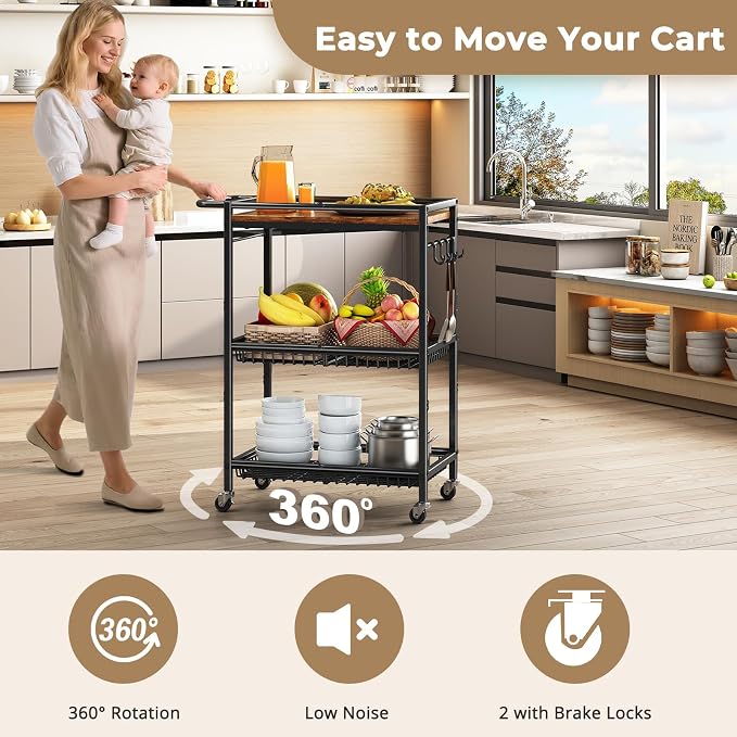 Microwave Kitchen Rolling Cart, 35.43" H Microwave Table Stand with Lockable Wheels, Utility Cart with Adjustable Shelf for Small Kitchen Island, Coffee Bar Table, Appliance Storage, Bakers Rack