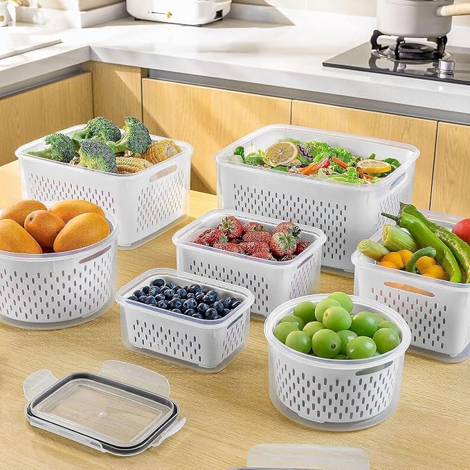 8 PCS Fruit Storage Containers for Fridge, Leakproof Produce Containers | For Fridge with Removable Colander, Microwave/Dishwasher Safe Fruit Washing Bowl Keep Fruits, Vegetables, Berry Fresh longer