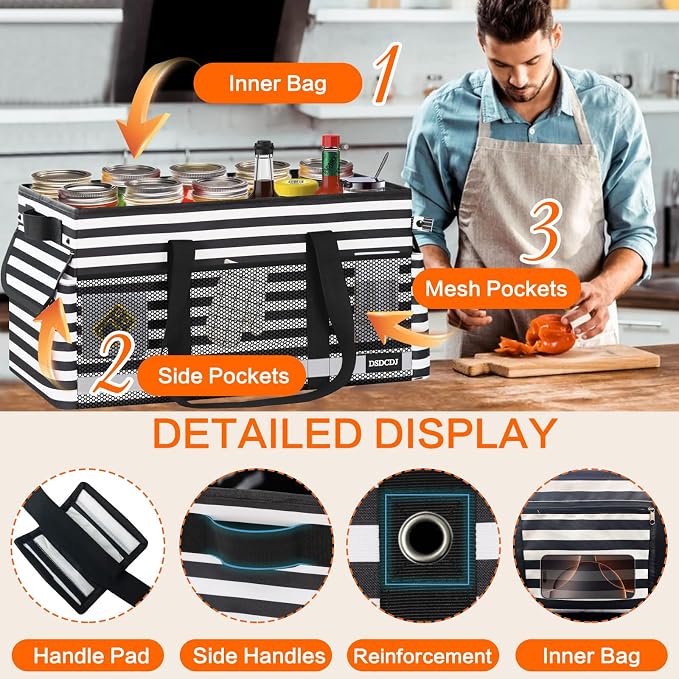 Extra Large Utility Tote Bag with Reflective Strip, Standing Reusable Grocery Bags with Hard Bottom, Collapsible Utility Tote with Handles for Shopping, Beach, Picnics, Car, Striped Black