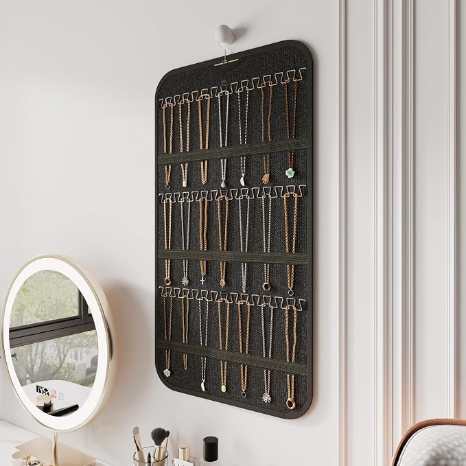 Double-Sided Hanging Jewelry Organizer for Necklaces Earrings, 1-Pack Black | Foldable 36 hooks & 40 clear pockets; swivel hook fits walls, doors & rods for earrings, bracelets, rings & small jewelry