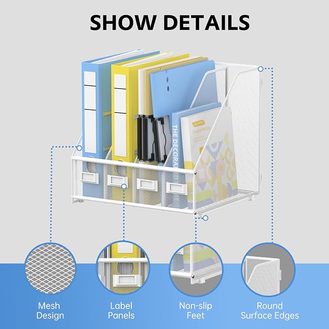 4 Vertical Compartments Magazine File Holder, Metal Binder Organizer, White | Space-Saving Desktop Storage, Built-In Label Holders, Anti-Slip Feet, Sized for Binders, Folders, Magazines and Files