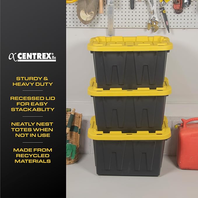 CX BLACK & YELLOW 12-Gallon Heavy Duty Storage Bins with Lids, Stackable Plastic Storage Bins, Dorm Room Essentials, Back to School, Classroom Organization, Home Organization, 6 Pack (12.51H x 16.3W x 21.8D)