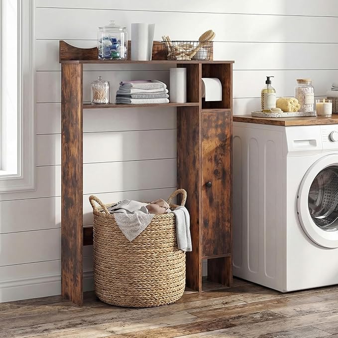 Tangkula Over the Toilet Storage Cabinet, Bathroom Organizer with Toilet Paper Holder, Adjustable Shelves, Freestanding Behind Toilet Stand, Perfect for Bathroom, Laundry (Modern, Rustic Brown)