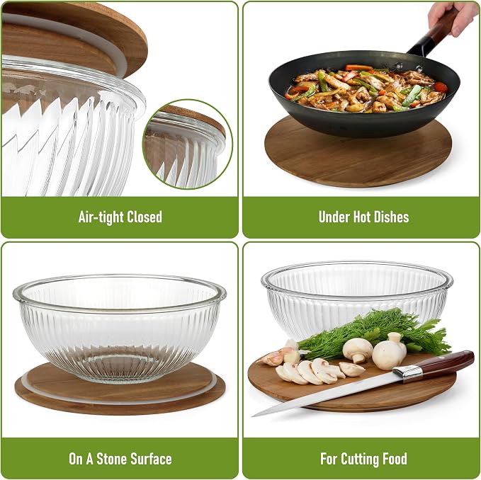 Set of 3 Stackable Space-Saving Nesting Glass Salad Bowls with Acacia Lids for Foodprep, Storage, Baking, Mixing & Cooking - Microwave Safe Durable Inert Borosilicate Glass