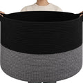 OIAHOMY 115L Extra Large Blanket Basket for Living Room, 23.6" x 15.4" Woven Cotton Rope Laundry Basket for Organizing Pillows, Decorative Stuffed Animal Toy Storage for Nursery, Black and Grey