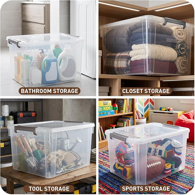 Citylife 44.4 QT Plastic Storage Bins with Latching Lids Stackable Storage Containers for Organizing Large Clear Storage Box for Garage, Closet, Kitchen, 8 Packs
