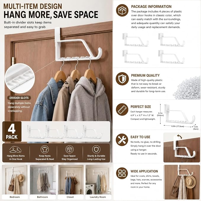 Space Saving Plastic Over Door Hooks Door Hanger Hooks Multi Hanging Storage Organizers Door Hangers Door Towel Hooks for Coats, Towels, Bags, Hats, Scarves Home Accessories (White,4 Pieces)