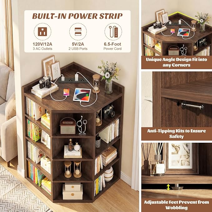 Aheaplus Corner Cube Book Shelf, 5-Tier Corner Cabinet with Power Outlets, Corner Cube Storage Shelf with Top Table, Wooden L Shaped Cubby Bookcase for Home Office, Bedroom, Living Room, Black Walnut