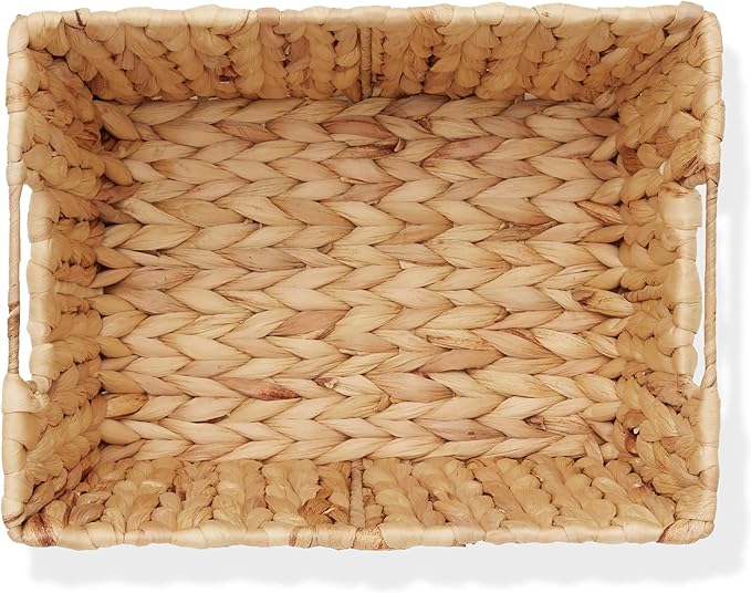 Casafield Set of 4 Water Hyacinth Storage Baskets with Handles - Natural, Woven Storage Bins for Shelves, Blankets, Laundry Organization