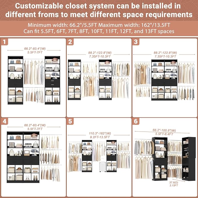 Besiost Closet System, 7.4ft-10ft with 4 Wooden Drawers and 5 Hanging Rods, Can Fit 88 to 123 inch Walk-in Closet System, Black